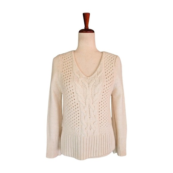 The Kooples Sweaters - The Kooples Sport‎ Ivory Alpaca Wool Blend Cable Knit V-Neck Sweater Size Small